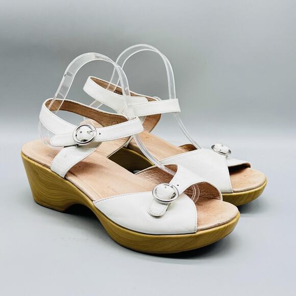 Dansko Sandals Womens 9.5 White Leather Wedge Platform Slingback Buckle Strap - Picture 2 of 11